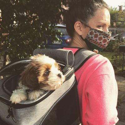Michala Banas carrying her cute puppy, Gordon on her back.